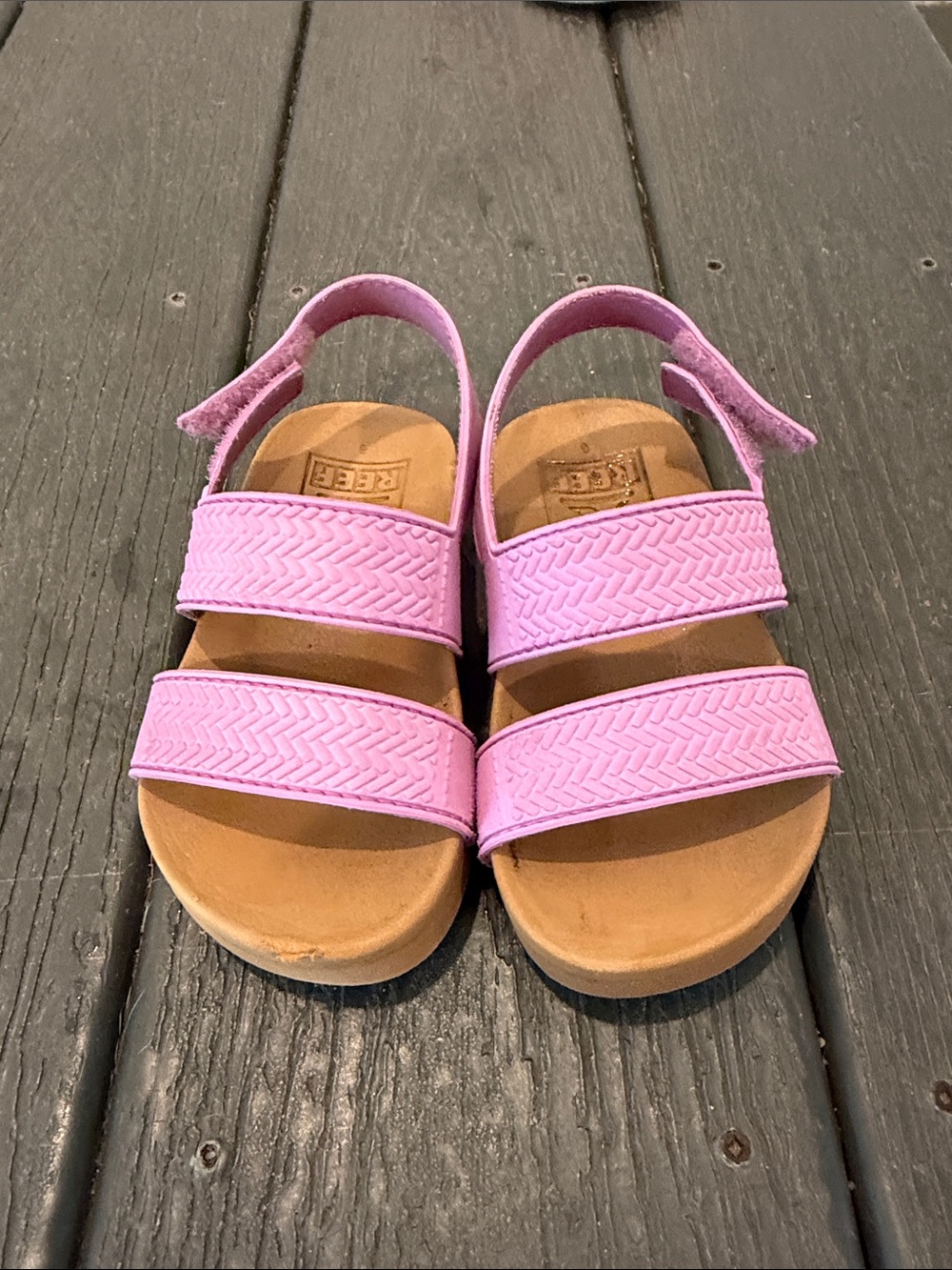 Reef Kids Pink Double-Strap Velcro Sandals with Tan Footbed